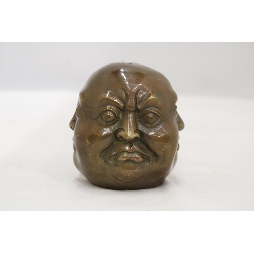 215 - A BRASS FOUR FACED BUDDAH, HEIGHT 9CM