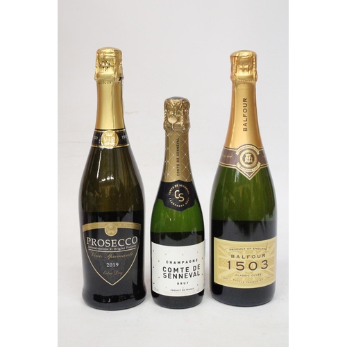 351 - A BOTTLE OF VINO SPUMANTE PROSECCO 2019 TOGETHER WITH A BOTTLE OF BALFOUR 1503 CLASSIC CUVEE AND A B... 