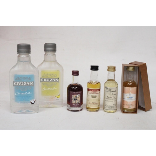 370 - A MIXED LOT OF MINIATURES TO INCLUDE A 2011 MALT SCOTCH WHISKY, TWO CRUZAN 200ML RUMS, 5CL SLOE GIN,... 