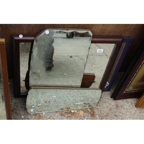 2797 - AN UNFRAMED WALL MIRROR, DRESSING TABLE MIRROR AND TWO OTHER MIRRORS