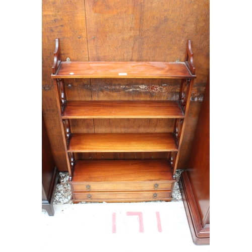 2821 - A 19TH CENTURY STYLE MAHOGANY FOUR TIER OPEN WALL SHELF WITH TWO DRAWERS, 27