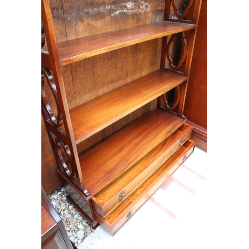 2821 - A 19TH CENTURY STYLE MAHOGANY FOUR TIER OPEN WALL SHELF WITH TWO DRAWERS, 27