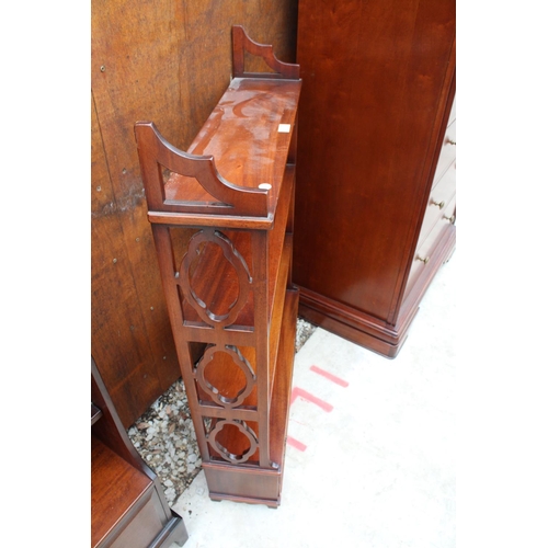 2821 - A 19TH CENTURY STYLE MAHOGANY FOUR TIER OPEN WALL SHELF WITH TWO DRAWERS, 27