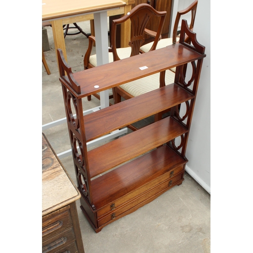 2821 - A 19TH CENTURY STYLE MAHOGANY FOUR TIER OPEN WALL SHELF WITH TWO DRAWERS, 27