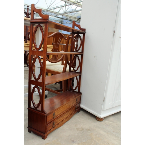 2821 - A 19TH CENTURY STYLE MAHOGANY FOUR TIER OPEN WALL SHELF WITH TWO DRAWERS, 27