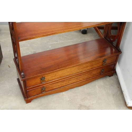 2821 - A 19TH CENTURY STYLE MAHOGANY FOUR TIER OPEN WALL SHELF WITH TWO DRAWERS, 27