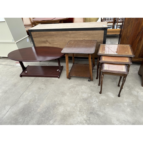 2880 - A LEATHER TOPPED MAHOGANY NEST OF TABLES, OAK TWO TIERED OCCASIONAL TABLE ON CASTERS AND A MAHOGANY ... 