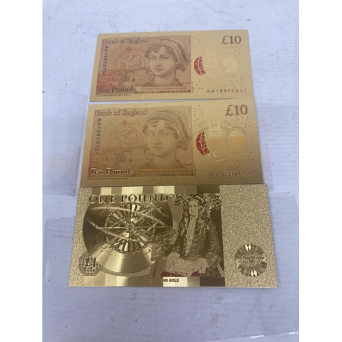 313 - TWO TEN POUND PRINCESS DIANA GOLD FOILED BANK NOTES - LAST ROSE OF ENGLAND TOGETHER WITH A ONE POUND... 