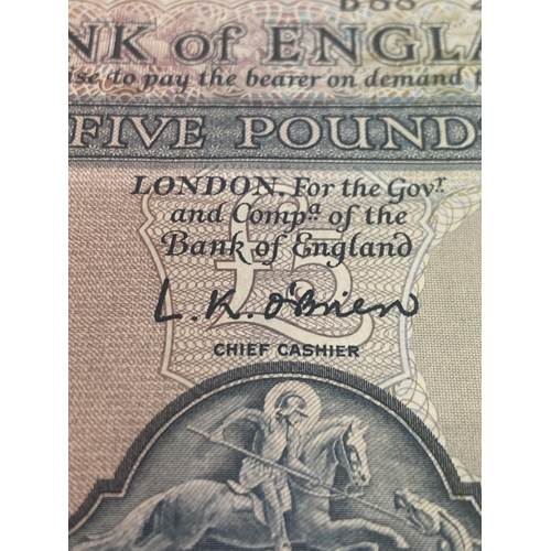 314 - TWO BANK OF ENGLAND FIVE POUND NOTES SIGNED L K O'BRIEN (1955 - 1962)