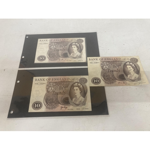 318 - THREE BANK OF ENGLAND TEN POUNDS BANK NOTES - ONE SIGNED J PAGE, ONE SIGNED J.S. FFORDE AND ONE SIGN... 