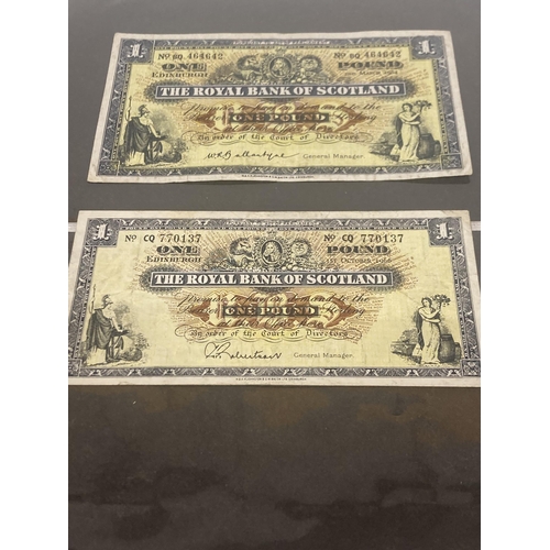 319 - TWO ONE POUND THE ROYAL BANK OF SCOTLAND NOTES THE CREST FEATURING GEORGE II AND BRITANNIA BOTTOM LE... 