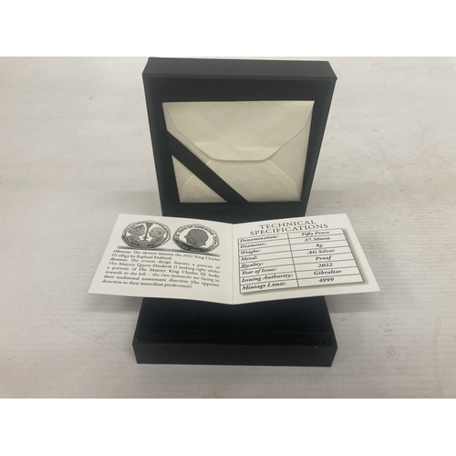 331 - A 2022 KING CHARLES PASSING OF THE CROWN PROOF SILVER FIFTY PENCE WITH CERTIFICATE OF AUTHENTICITY