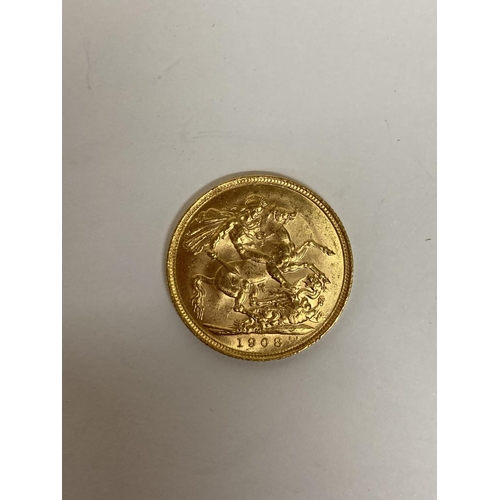 296 - A 1908 GOLD FULL SOVEREIGN COIN