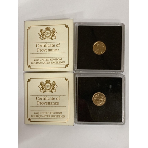 300A - TWO 2013 GOLD PROOF QUARTER SOVEREIGN COINS COMPLETE WITH CERTIFICATE OF PROVENANCE