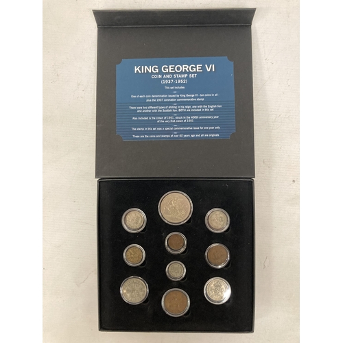 335 - A BOXED KING GEORGE VI COIN AND STAMP SET - 1937 - 1952 WITH COA