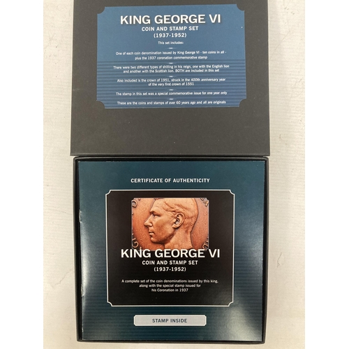 335 - A BOXED KING GEORGE VI COIN AND STAMP SET - 1937 - 1952 WITH COA