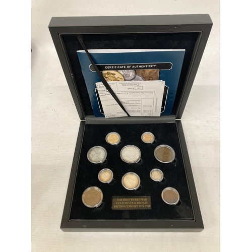 339 - A BOXED SET CONTAINING THE FIRST WORLD WAR 1914 - 1918 GOLD SILVER AND BRONZE BRITISH COIN SET WITH ... 