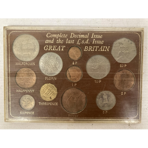 344 - A GREAT BRITAIN COMPLETE DECIMAL ISSUE AND THE LAST £.S.D ISSUE SET OF 12 COINS TOGETHER WITH A GREA... 