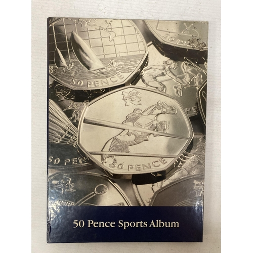 355 - A COMPLETE 2011 50P SPORTS ALBUM CONTAINING 29 COINS TO INCLUDE AQUATICS, BADMINTON, TABLE TENNIS, W... 