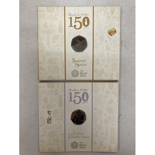 360 - SEVEN ROYAL MINT BEATRIX POTTER 50P COIN PACKS TO INCLUDE 2018 SQUIRREL NUTKIN, 2016 JEMIMA PUDDLE D... 