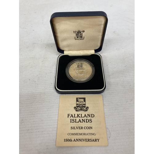 365 - A ROYAL MINT FALKLAND ISLANDS SILVER COIN COMMEMORATING 150TH ANNIVERSARY IN PRESENTATION BOX