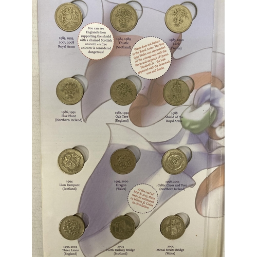 370 - A ROYAL MINT GREAT BRITISH COIN HUNT UK £1 COIN COLLECTOR ALBUM TO INCLUDE A COMPLETER MEDALLION AND... 