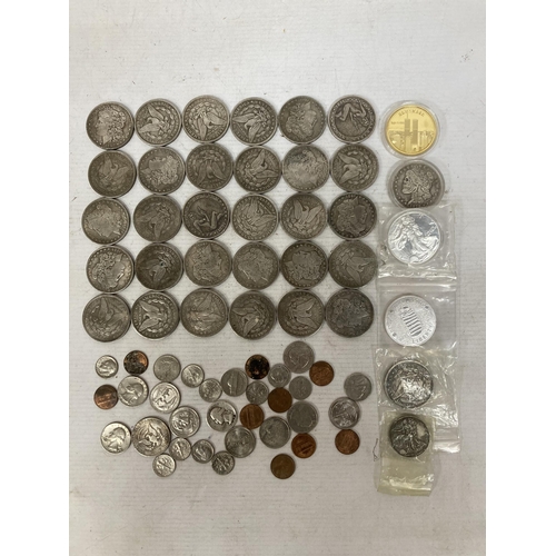 380 - A BAG CONTAINING THIRTY USA ONE DOLLAR COINS, MANY BEING 19TH CENTURY, KENNEDY HALF DOLLAR 1965 WITH... 