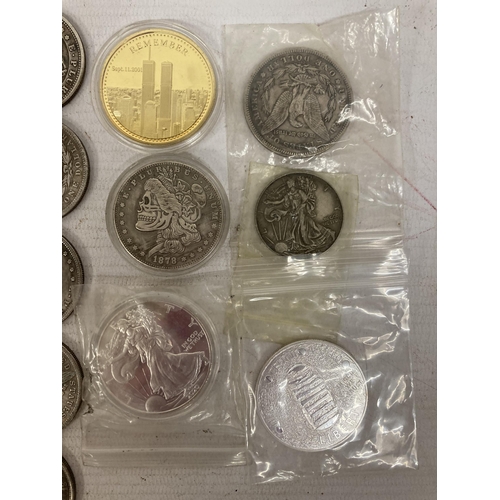 380 - A BAG CONTAINING THIRTY USA ONE DOLLAR COINS, MANY BEING 19TH CENTURY, KENNEDY HALF DOLLAR 1965 WITH... 