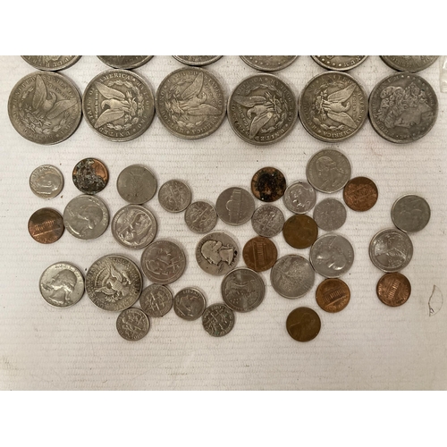 380 - A BAG CONTAINING THIRTY USA ONE DOLLAR COINS, MANY BEING 19TH CENTURY, KENNEDY HALF DOLLAR 1965 WITH... 