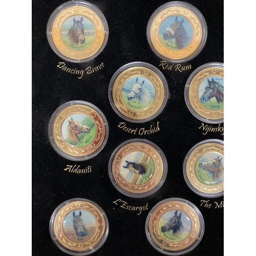 391 - A CASED BOX OF DANBURY MINT RACING LEGENDS MEDALLION COINS 22CT GOLD PLATED BY GRAHAM ISOM