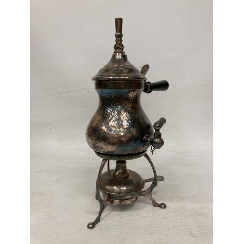 17 - AN ARTS AND CRAFTS HAMMERED FINISH COFFEE MAKER SPIRIT KETTLE WITH SPIRIT BURNER, STRAINER AND STAND