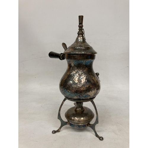 17 - AN ARTS AND CRAFTS HAMMERED FINISH COFFEE MAKER SPIRIT KETTLE WITH SPIRIT BURNER, STRAINER AND STAND