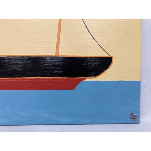 19 - AN ALFRED WALLIS STYLE HANDPAINTED IMAGE OF A NAIVE SHIP ON WOOD