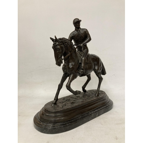 3 - A LARGE BRONZE LATE 19TH CENTURY HORSE AND JOCKEY SCULPTURE ON A MARBLE PLINTH SIGNED PIERRE JULES M... 