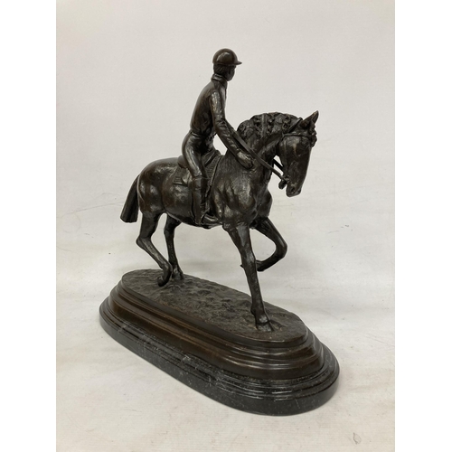 3 - A LARGE BRONZE LATE 19TH CENTURY HORSE AND JOCKEY SCULPTURE ON A MARBLE PLINTH SIGNED PIERRE JULES M... 