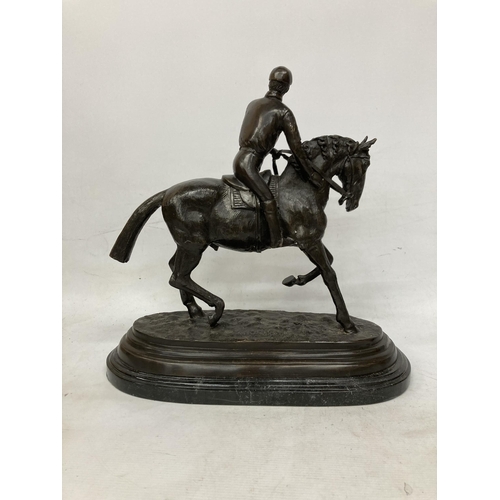 3 - A LARGE BRONZE LATE 19TH CENTURY HORSE AND JOCKEY SCULPTURE ON A MARBLE PLINTH SIGNED PIERRE JULES M... 