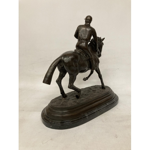 3 - A LARGE BRONZE LATE 19TH CENTURY HORSE AND JOCKEY SCULPTURE ON A MARBLE PLINTH SIGNED PIERRE JULES M... 