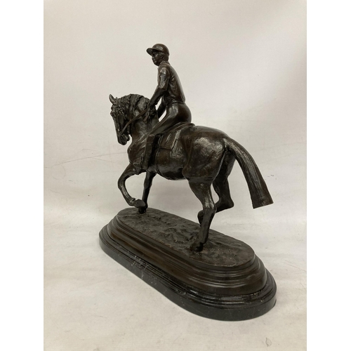 3 - A LARGE BRONZE LATE 19TH CENTURY HORSE AND JOCKEY SCULPTURE ON A MARBLE PLINTH SIGNED PIERRE JULES M... 