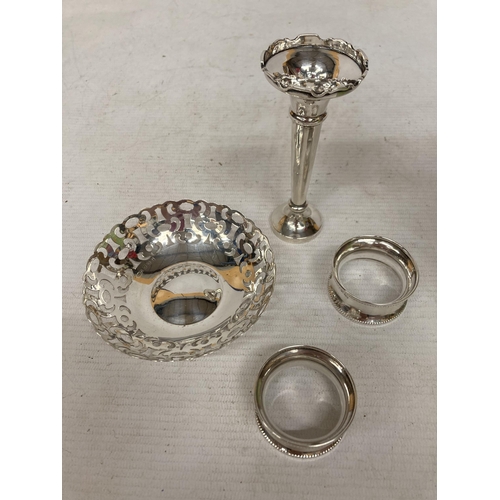 44 - A QUANTITY OF BIRMINGHAM SILVER TO INCLUDE A BOWL, TWO NAPKIN RINGS AND A CANDLESTICK - TOTAL GROSS ... 