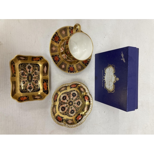 5 - THREE PIECES OF ROYAL CROWN DERBY 1128 BAND IMARI PATTERN, CUP AND SAUCER, POSY TRAY AND pin tray