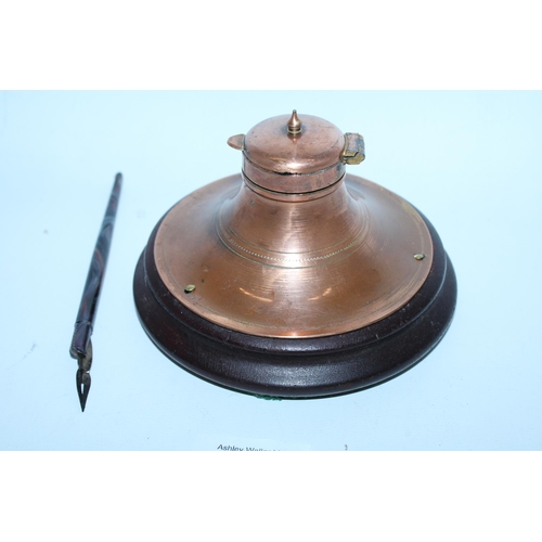 102 - A VINTAGE COPPER INKWELL WITH INK PEN