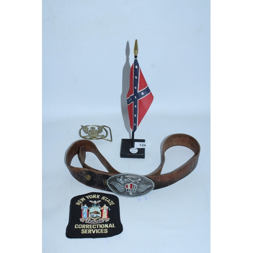 126 - FOUR AMERICAN RELATED ITEMS TO INCLUDE A CONFEDERATE STATES OF AMERICA TABLE FLAG, A VINTAGE LEATHER... 