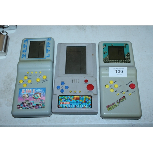 130 - THREE VINTAGE HAND HELD GAMES TO INCLUDE, 'BLOCK GAME', 'SUPER CHALLENGE' AND '5 IN 1'