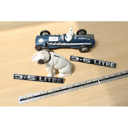 1543 - A CAST METAL MICHELIN MAN CAR, A CAST DOG MONEY BOX AND TWO 3.5 LITRE CAR BADGES