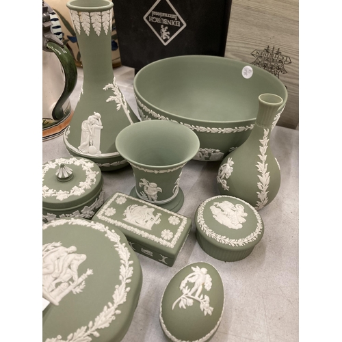 191 - A COLLECTION OF 14 PIECES OF GREEN WEDGWOOD JASPERWARE TO INCLUDE A LARGE BOWL, VASES, LIDDED TRINKE... 