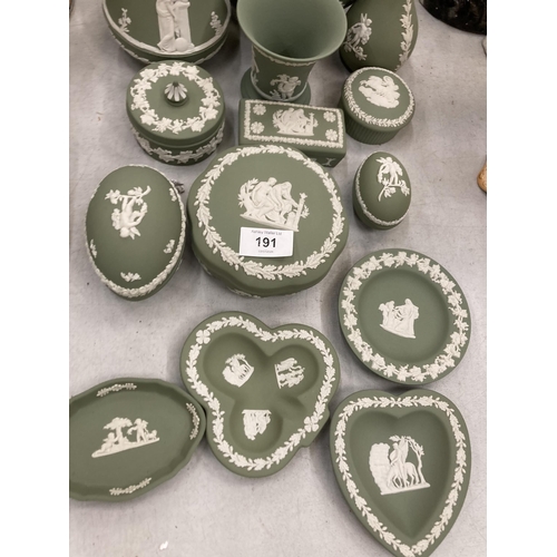 191 - A COLLECTION OF 14 PIECES OF GREEN WEDGWOOD JASPERWARE TO INCLUDE A LARGE BOWL, VASES, LIDDED TRINKE... 