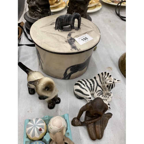 198 - A MIXED LOT TO INCLUDE A PAIR OF SPELTER FIGURES, BOTH A/F, ANIMAL FIGURES, A STONEWARE POT WITH ZEB... 