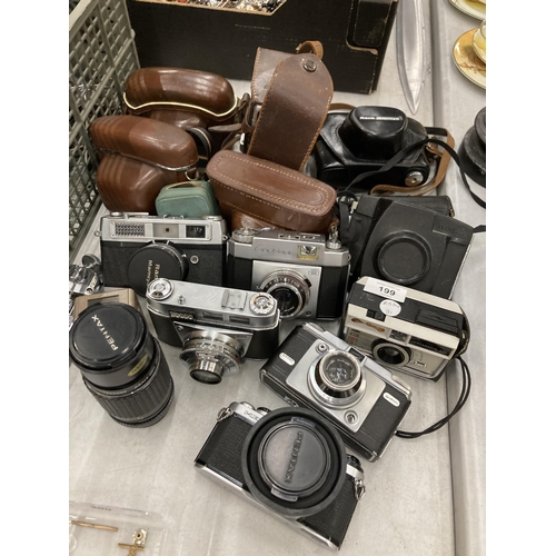 199 - A COLLECTION OF VINTAGE CAMERAS TO INCLUDE A PENTAX ME, KODAK RETINETTE, RANK MAMIYA, ZEISS CONTINA,... 