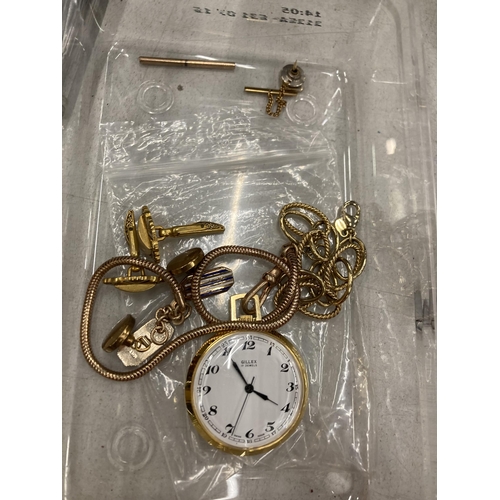 200 - A 'GILLEX' POCKET WATCH WITH ALBERT CHAIN, CUFFLINKS, A MONET BRACELET AND AN EARRING AND BROOCH SET... 