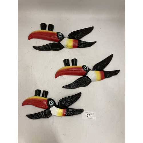 230 - THREE GRADUATED HEAVY CAST GUINNESS TOUCANS - LARGEST 26CM